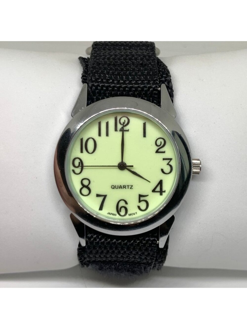 SilverTone quartz watch 38mm green dial glowing in the dark black band running